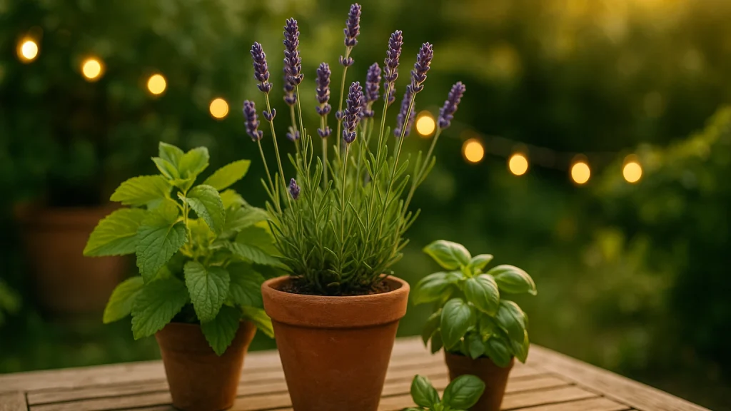 Hausmittel gegen Gelsen aus dem eigenen Garten: Wie Spitzwegerich bei Insektenstichen hilft 2 Hausmittel gegen Gelsen: Lavendel, Zitronenmelisse und Basilikum in Töpfen auf Gartentisch bei Sonnenuntergang