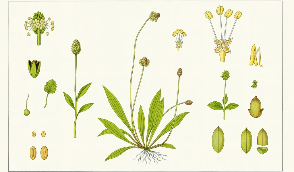Hausmittel gegen Gelsen aus dem eigenen Garten: Wie Spitzwegerich bei Insektenstichen hilft 3 Hausmittel gegen Gelsen: Illustration des Spitzwegerichs mit Wurzel, Blüte, Samen und Blättern