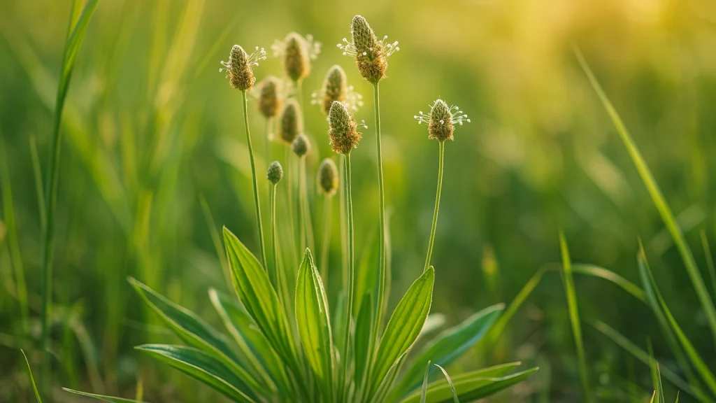 Hausmittel gegen Gelsen: Spitzwegerich wächst in einer grünen Sommerwiese bei goldenem Licht