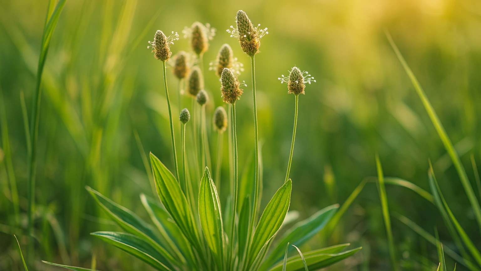 Hausmittel gegen Gelsen aus dem eigenen Garten: Wie Spitzwegerich bei Insektenstichen hilft 1 Hausmittel gegen Gelsen: Spitzwegerich wächst in einer grünen Sommerwiese bei goldenem Licht