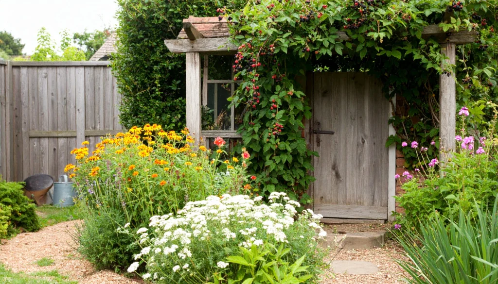 Brombeeren gute Nachbarn – Blühender Naturgarten mit Brombeerhecke über Holztor und Mischkulturpflanzen