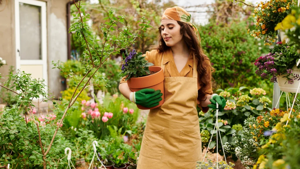 Durch Gärtnern zur Achtsamkeit – Frau mit Blumentopf und Blumenhänger im grünen Garten beim Slow Gardening