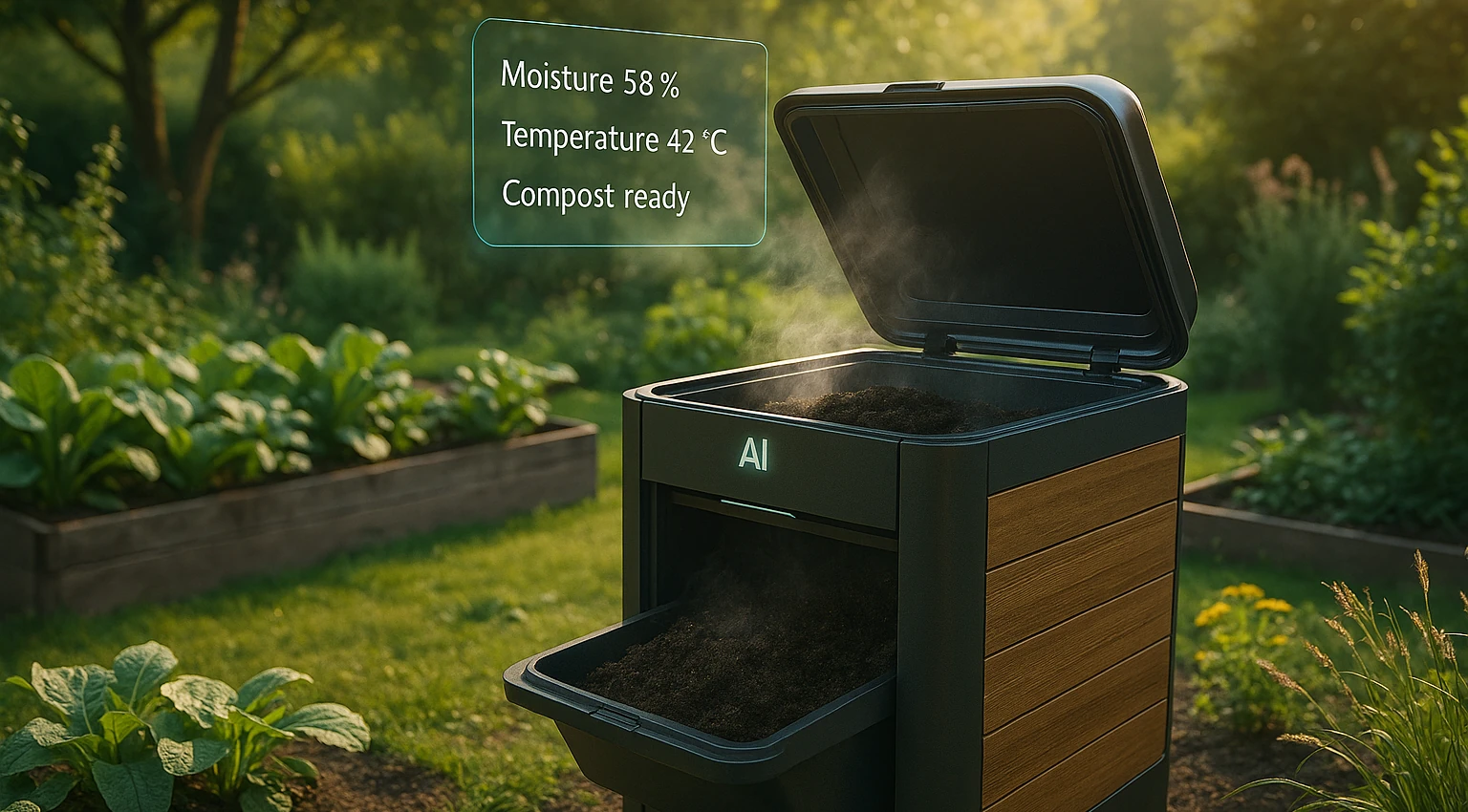 Kompostierung mit KI zeigt einen modernen Outdoor-Komposter mit digitaler Anzeige, der frische Komposterde im Garten liefert.