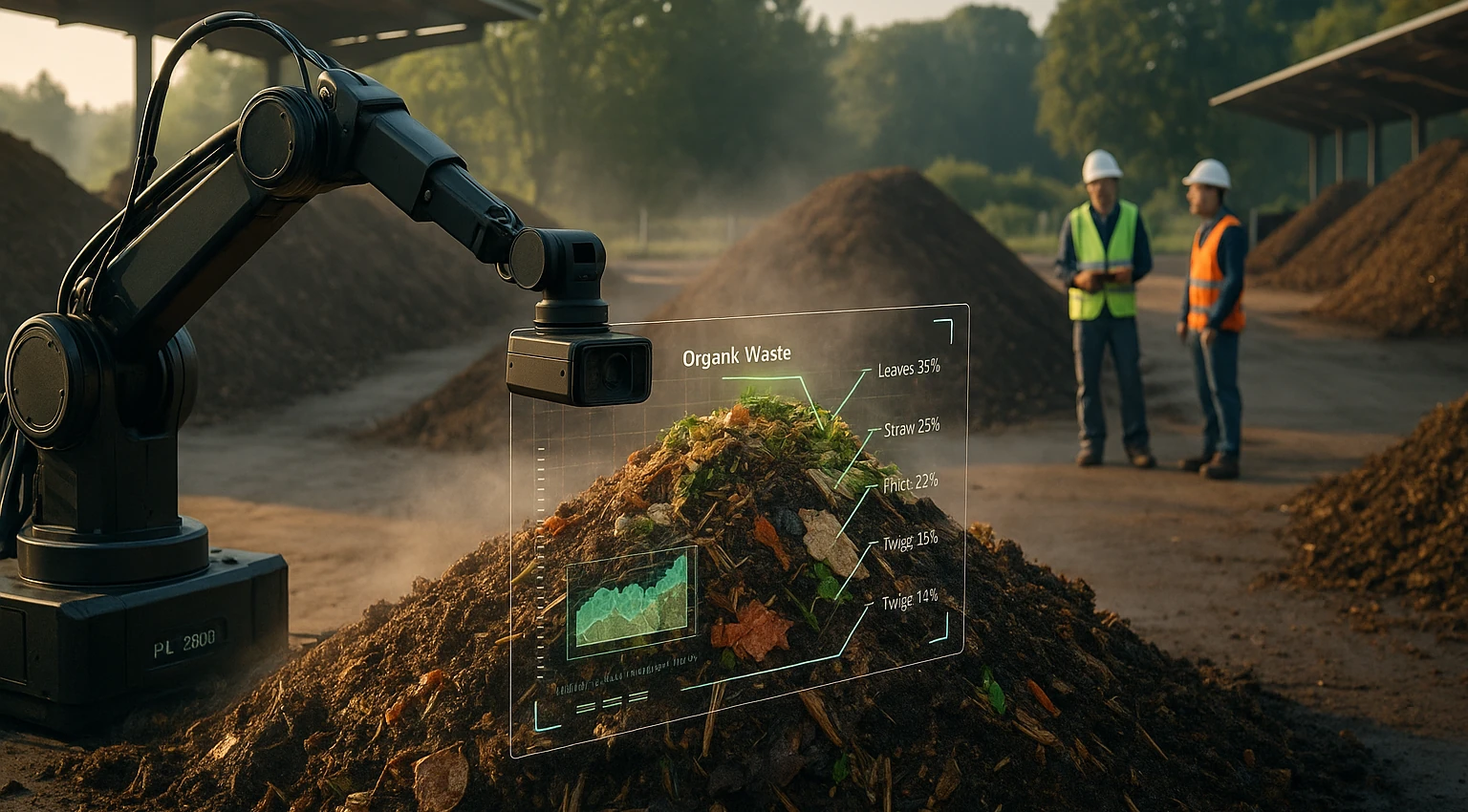 Kompostierung mit KI zeigt einen Roboterarm, der mithilfe künstlicher Intelligenz Bioabfall scannt und Daten zu dessen Zusammensetzung anzeigt.