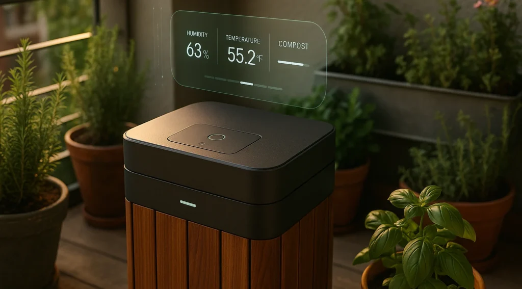 Kompostierung mit KI auf dem Balkon zeigt einen modernen intelligenten Komposter mit digitaler Anzeige für Feuchtigkeit und Temperatur.