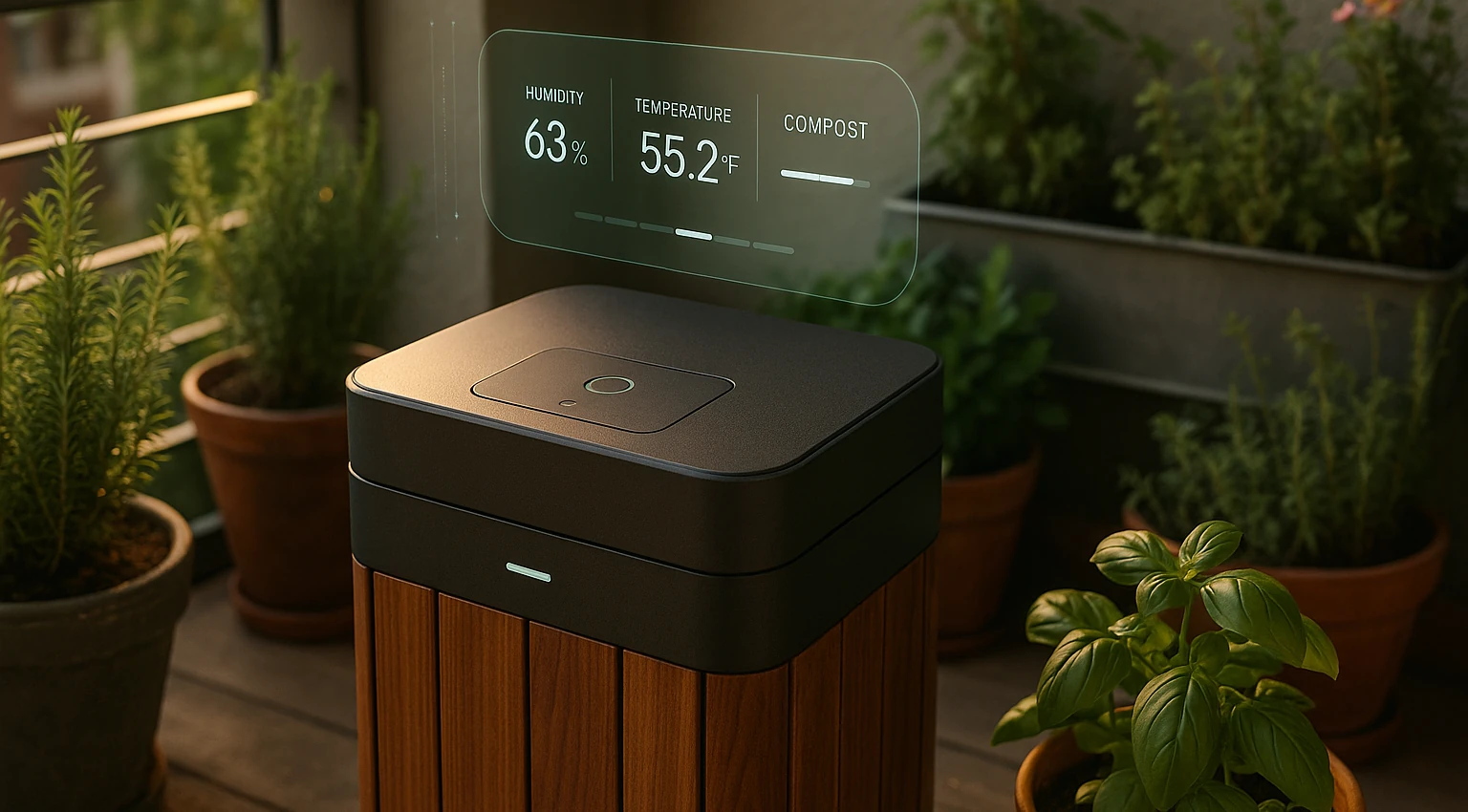 Kompostierung mit KI auf dem Balkon zeigt einen modernen intelligenten Komposter mit digitaler Anzeige für Feuchtigkeit und Temperatur.