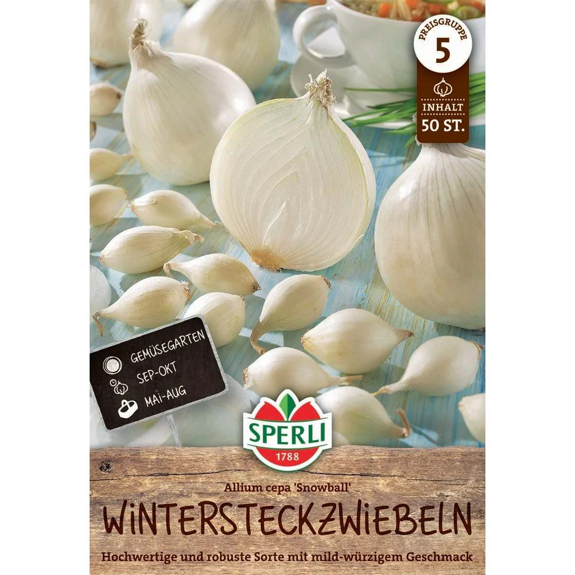 Weiße Wintersteckzwiebel Snowball 1 Weiße Wintersteckzwiebel Snowball - Packung vorne