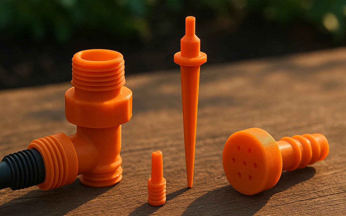 3D-Druck im Garten – realistische 3D-gedruckte Bewässerungsadapter, Düsen und Tropfer auf Holztisch