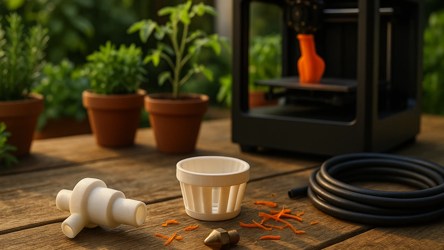 3D-Druck im Garten – realistischer 3D-Drucker mit gedruckten Bewässerungsteilen und Pflanzmodulen auf einer Holzwerkbank