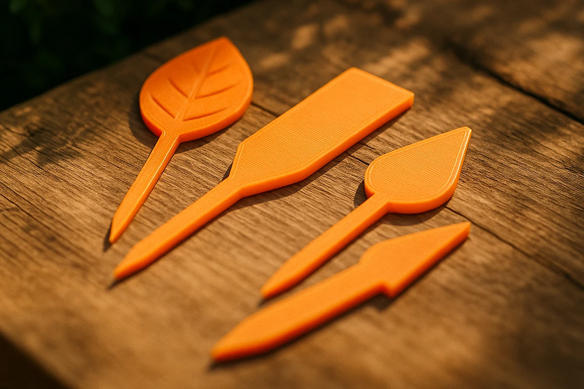 3D-Druck im Garten - realistische 3D-gedruckte Pflanzschilder, Stecketiketten und Markierungen auf Holztisch