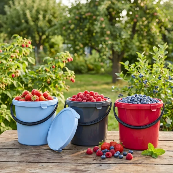 Pflückeimer mit Deckel in Hellblau, Dunkelgrau & Rot, gefüllt mit frisch gepflückten Beeren auf einem Gartentisch